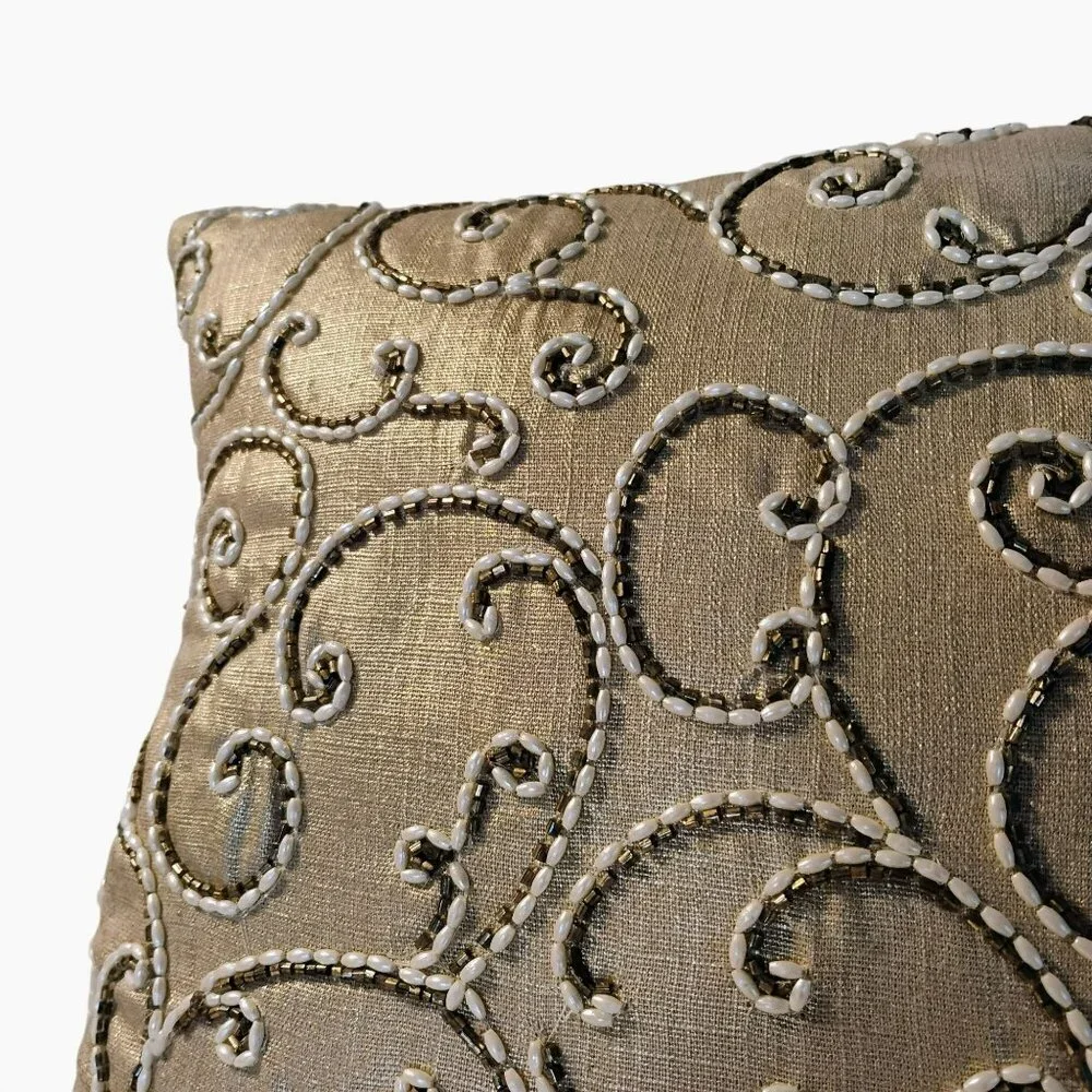 Gold Beaded Decorative Lumbar Pillow, Duck Feather Insert 18x12 Elegant LIKE NEW